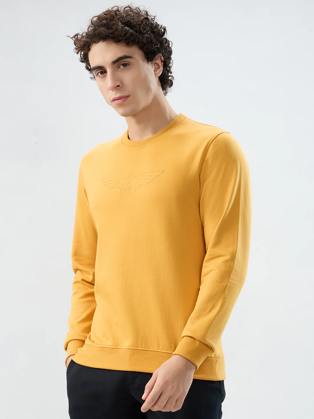 Park Avenue Men Yellow Solid Slim Fit Cotton Blend Sweatshirt - Image 3