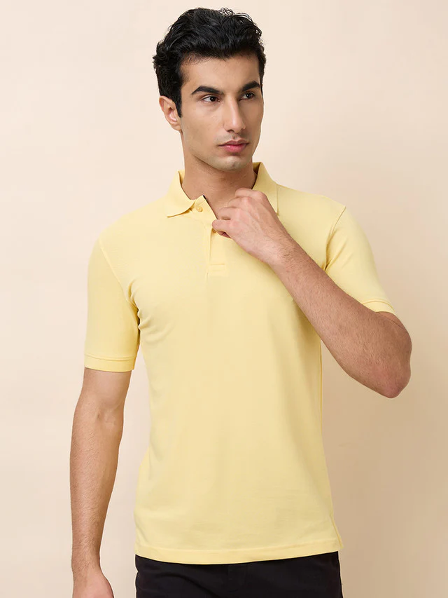 Park Avenue Men Yellow Solid Slim Fit Cotton Blend T-Shirt