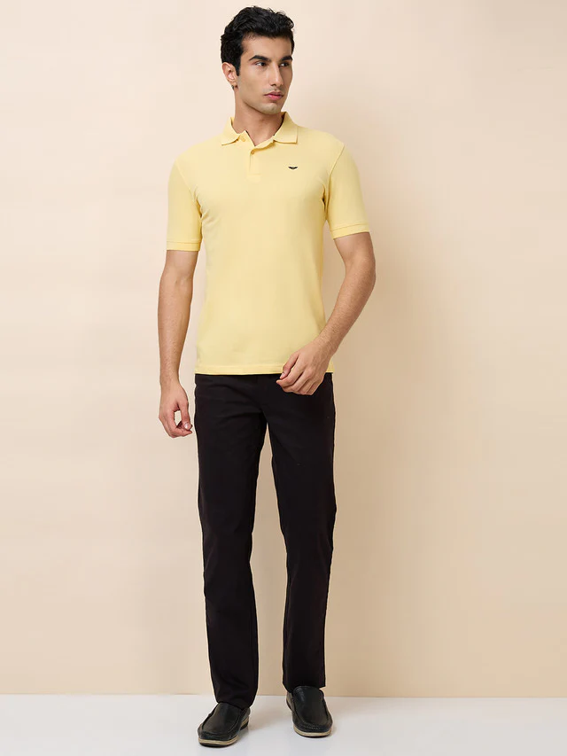 Park Avenue Men Yellow Solid Slim Fit Cotton Blend T-Shirt - Image 2