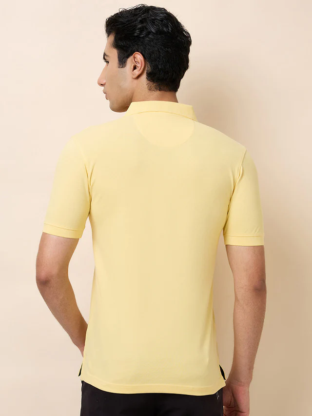 Park Avenue Men Yellow Solid Slim Fit Cotton Blend T-Shirt - Image 3