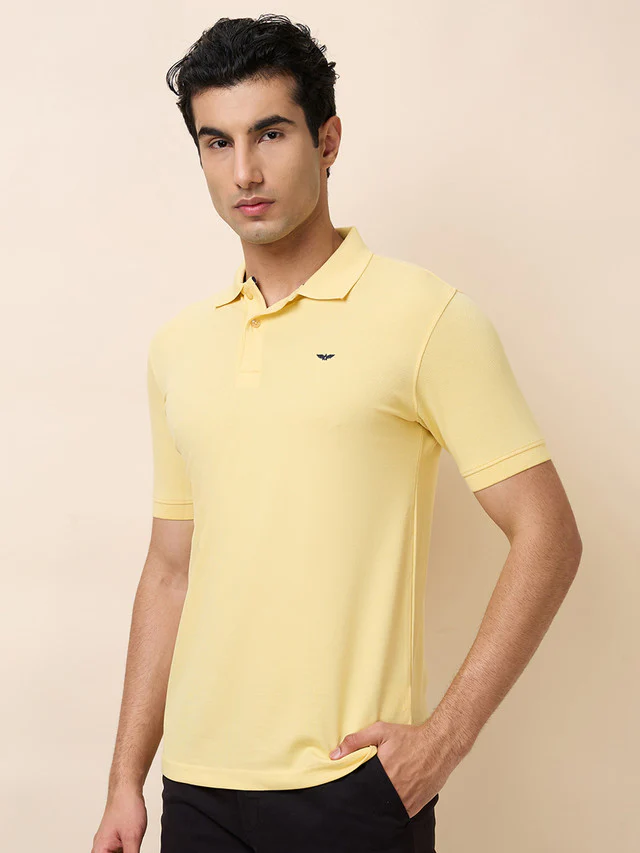 Park Avenue Men Yellow Solid Slim Fit Cotton Blend T-Shirt - Image 4