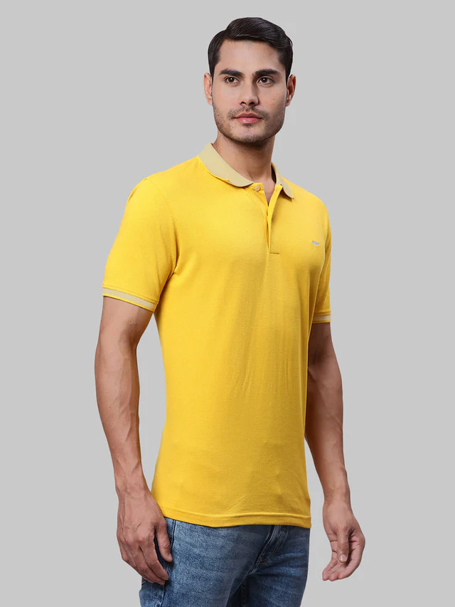Park Avenue Men Yellow Solid Slim Fit Cotton Blend T-Shirt - Image 2