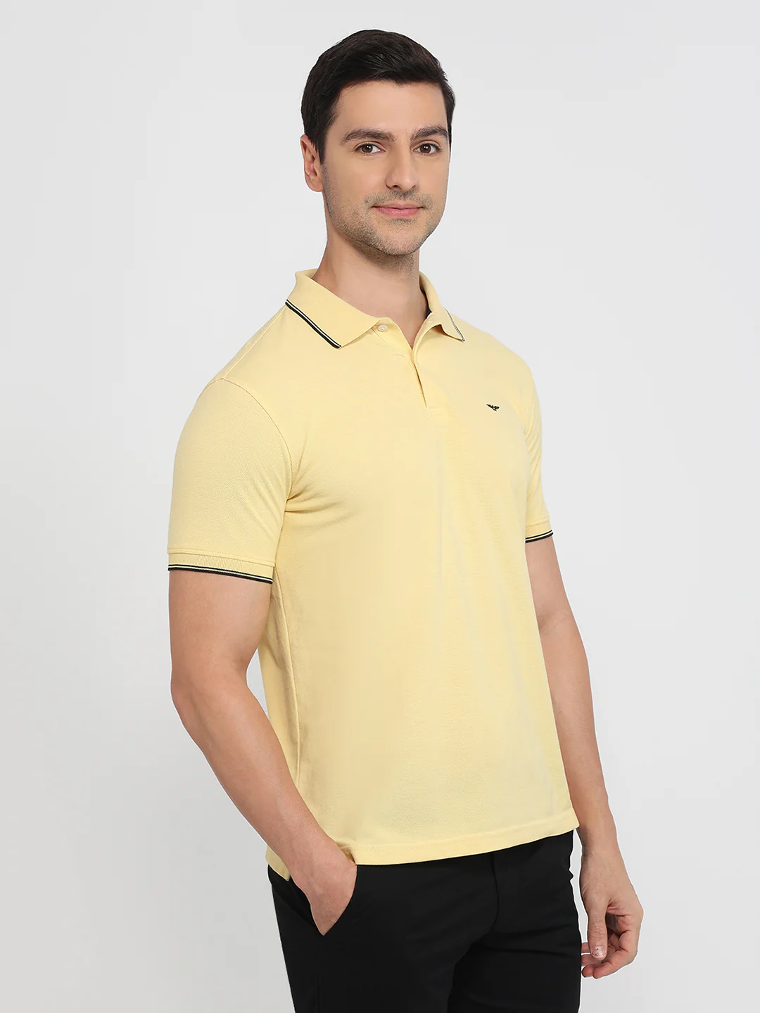 Park Avenue Men Yellow Solid Slim Fit Cotton Blend T-Shirt - Image 3