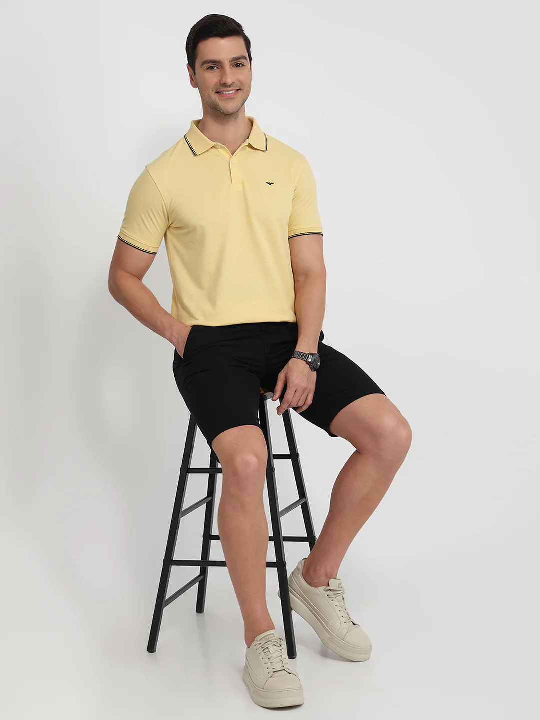 Park Avenue Men Yellow Solid Slim Fit Cotton Blend T-Shirt - Image 6