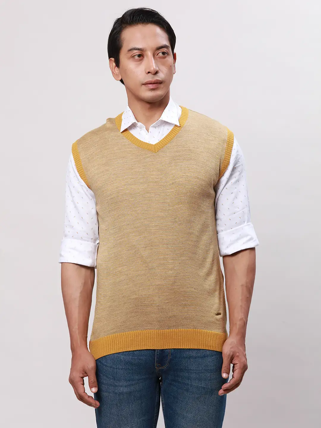 Park Avenue Men Yellow Stripe Regular Acrylic Full Sleeve Pullover
