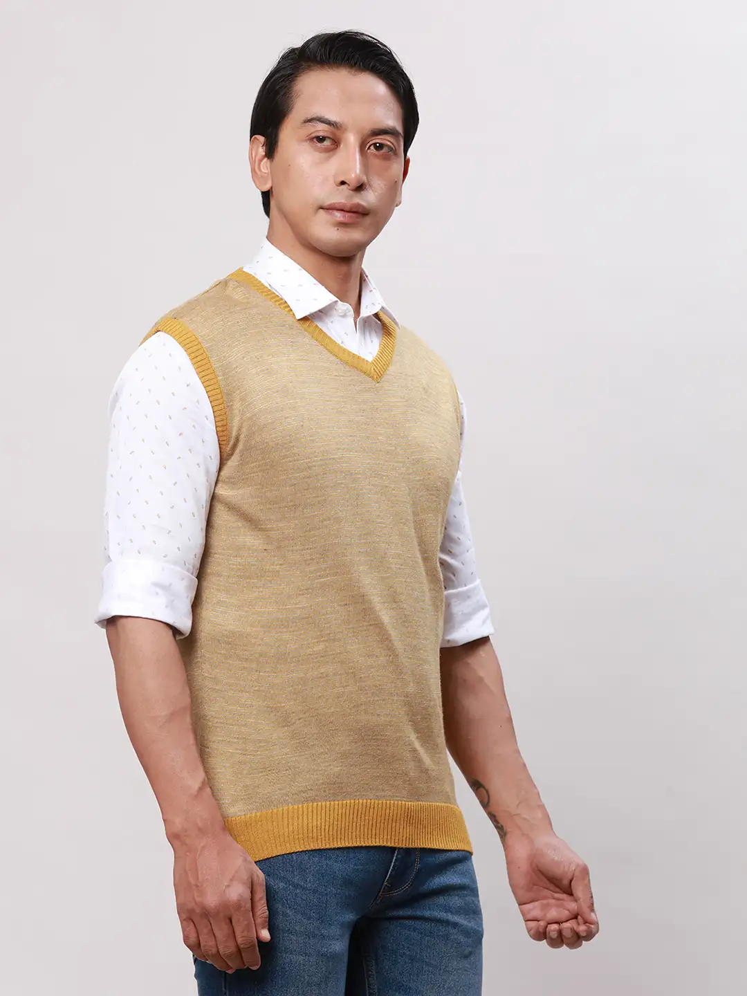 Park Avenue Men Yellow Stripe Regular Acrylic Full Sleeve Pullover - Image 2