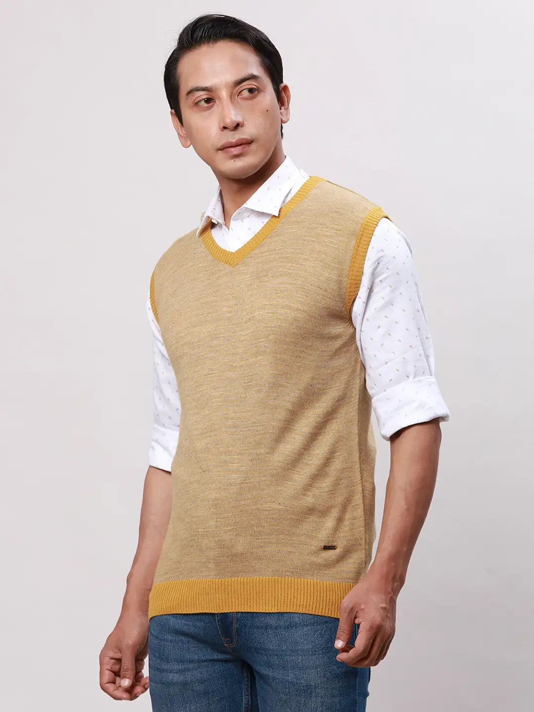 Park Avenue Men Yellow Stripe Regular Acrylic Full Sleeve Pullover - Image 3