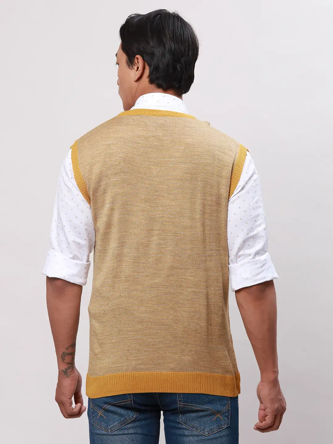 Park Avenue Men Yellow Stripe Regular Acrylic Full Sleeve Pullover - Image 4