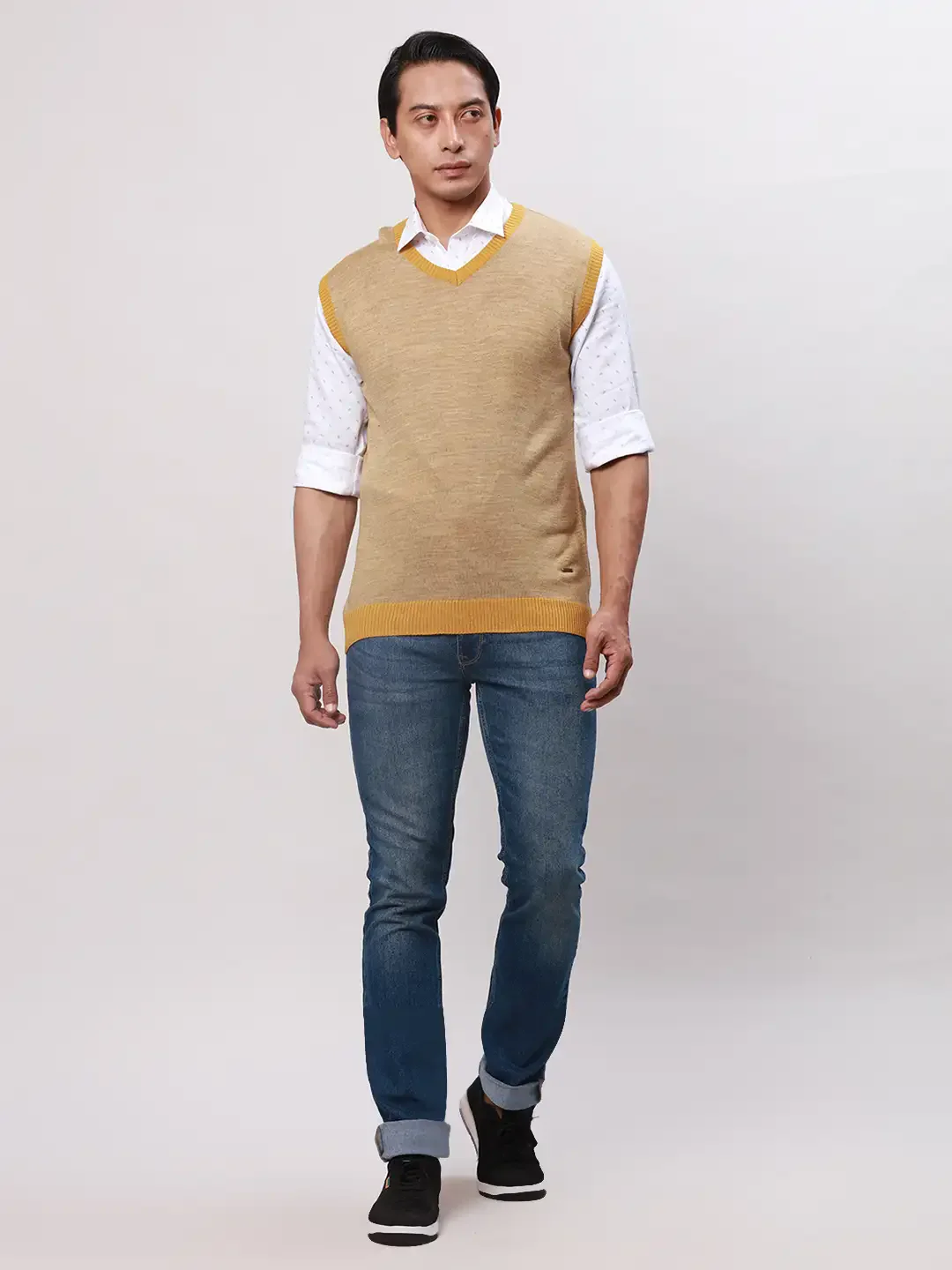 Park Avenue Men Yellow Stripe Regular Acrylic Full Sleeve Pullover - Image 5