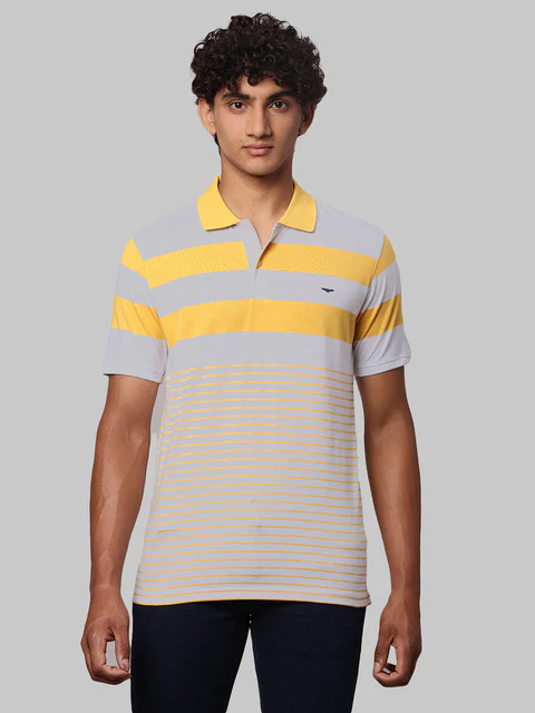 Park Avenue Men Yellow Stripe Slim Fit Cotton Blend T-Shirt