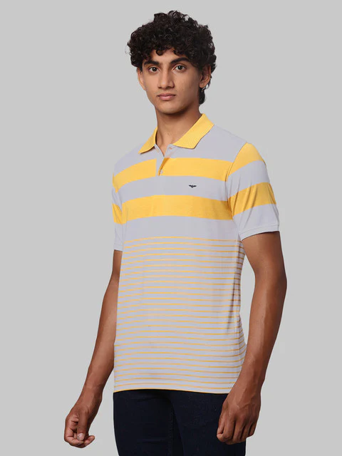 Park Avenue Men Yellow Stripe Slim Fit Cotton Blend T-Shirt - Image 3