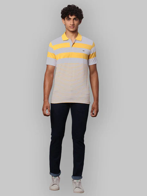 Park Avenue Men Yellow Stripe Slim Fit Cotton Blend T-Shirt - Image 6