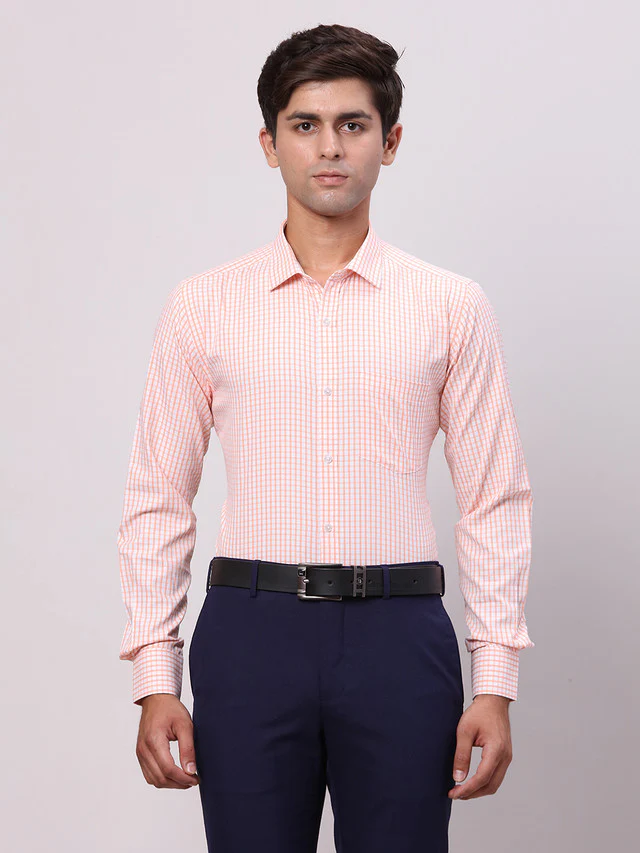 Park Avenue Orange Checks Slim Fit Cotton Blend Formal Shirt