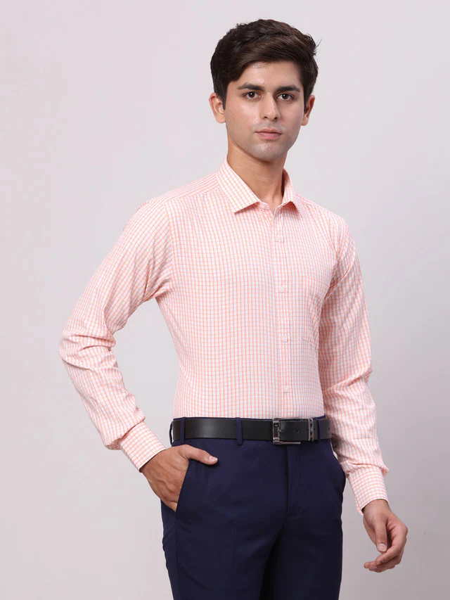 Park Avenue Orange Checks Slim Fit Cotton Blend Formal Shirt - Image 2