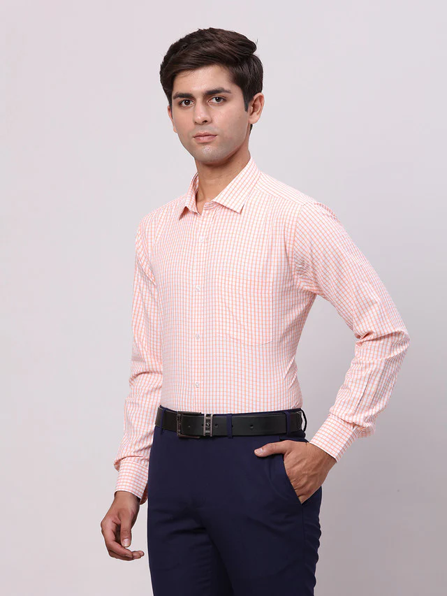 Park Avenue Orange Checks Slim Fit Cotton Blend Formal Shirt - Image 3