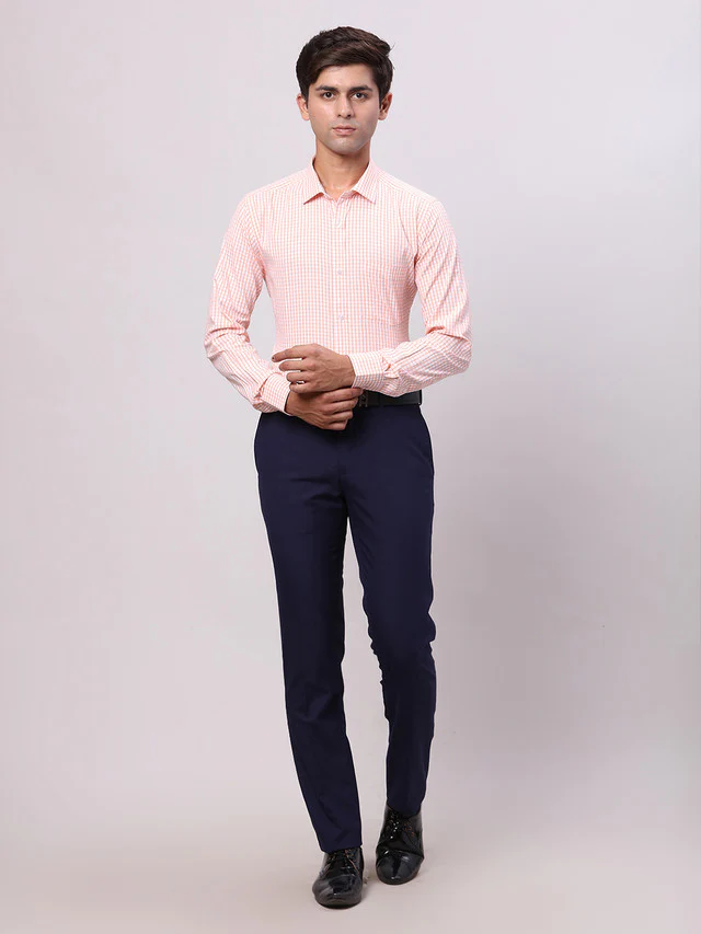 Park Avenue Orange Checks Slim Fit Cotton Blend Formal Shirt - Image 6