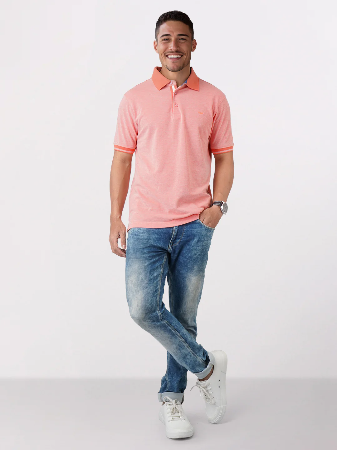 Park Avenue Orange Solid Slim Fit Cotton Blend T-Shirt - Image 4