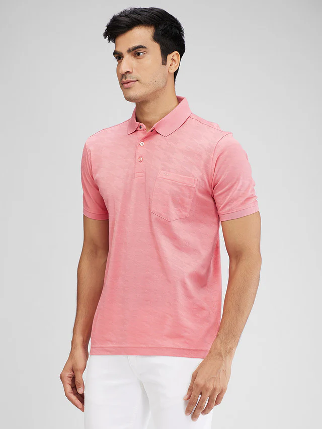 Park Avenue Men Pink Slim Fit Structure Polo Neck Collar T-Shirt - Image 3