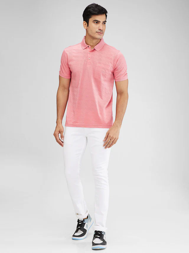 Park Avenue Men Pink Slim Fit Structure Polo Neck Collar T-Shirt - Image 5