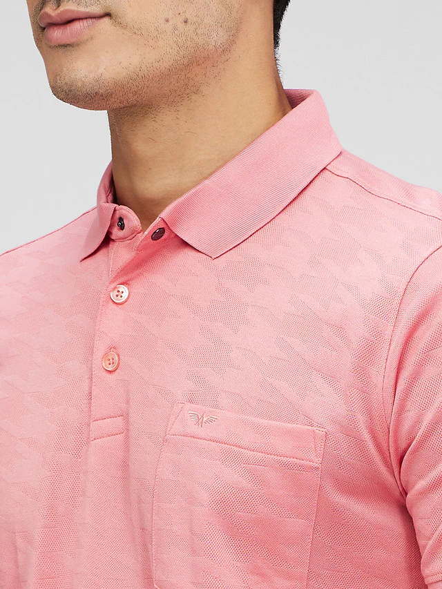 Park Avenue Men Pink Slim Fit Structure Polo Neck Collar T-Shirt - Image 6