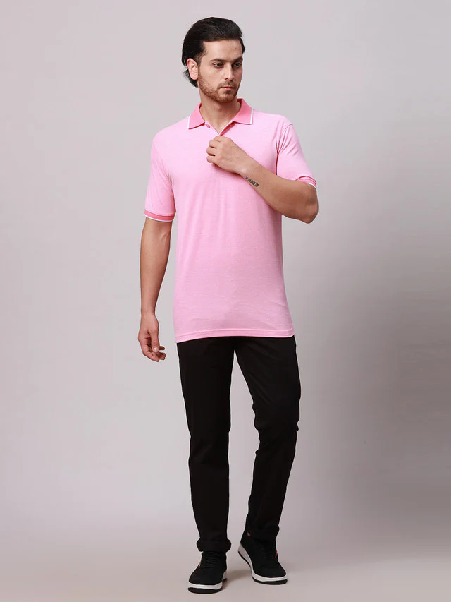 Park Avenue Men Pink Slim Fit Two Tone Polo Neck Collar T-Shirt - Image 3