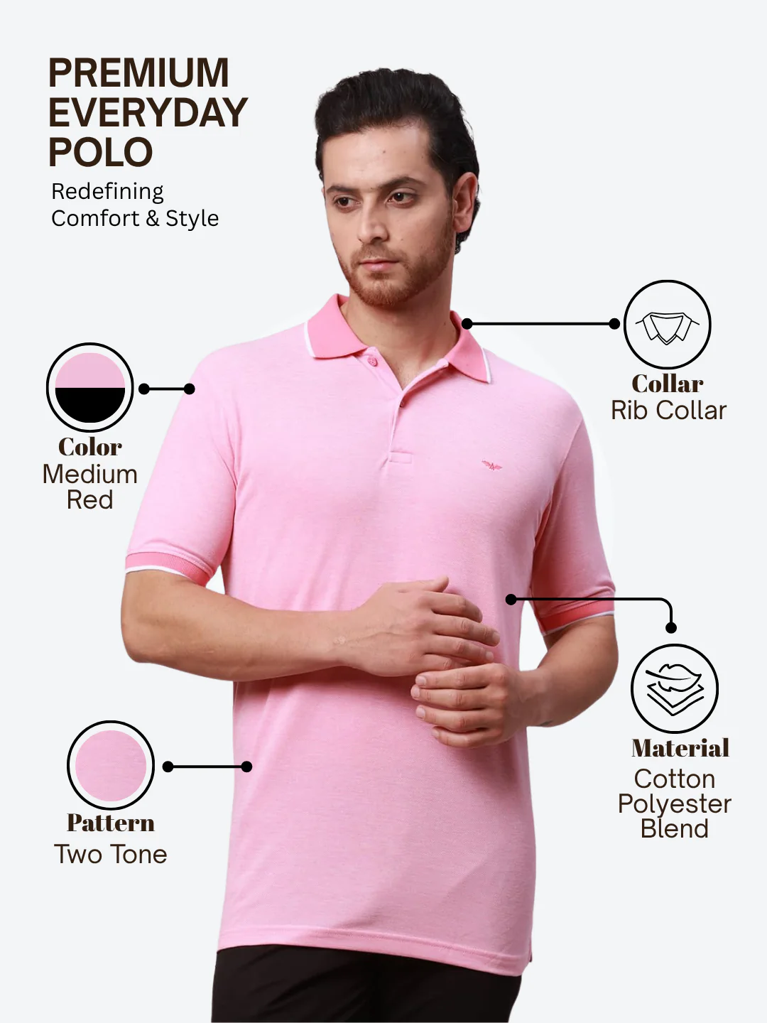 Park Avenue Men Pink Slim Fit Two Tone Polo Neck Collar T-Shirt - Image 4