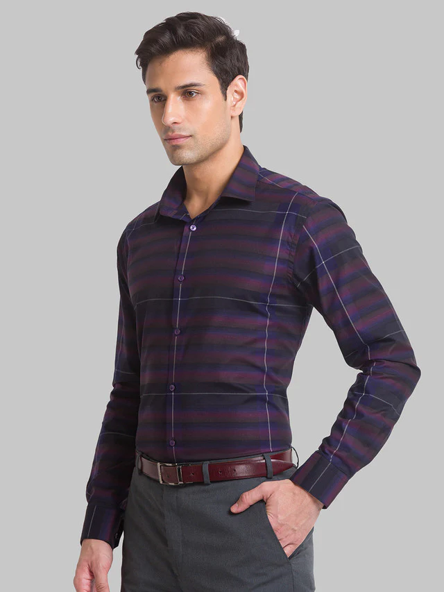Park Avenue Purple Checks Slim Fit Cotton Formal Shirt - Image 3