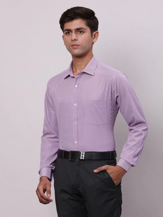 Park Avenue Purple Stripe Slim Fit Full Sleeve Cotton Blend Shirt - Image 3