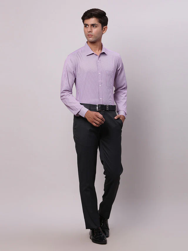 Park Avenue Purple Stripe Slim Fit Full Sleeve Cotton Blend Shirt - Image 5
