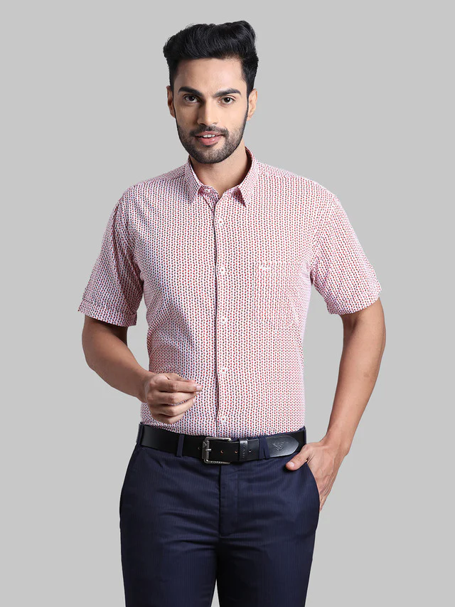 Park Avenue Red Printed Slim Fit Cotton Casual Shirt
