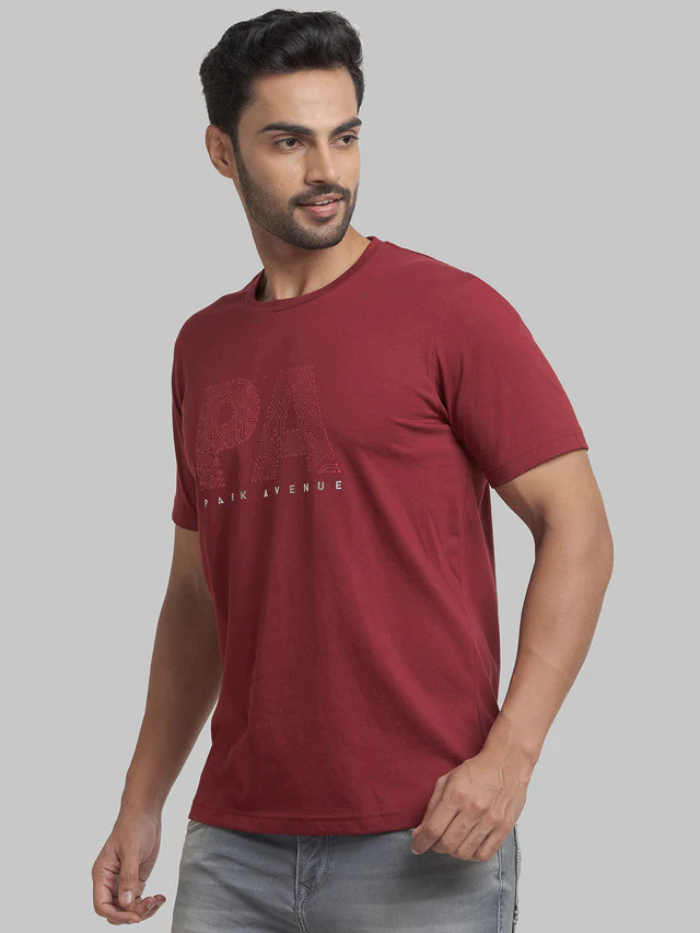 Park Avenue Red Printed Slim Fit Lycra Cotton Blend T-Shirt - Image 3