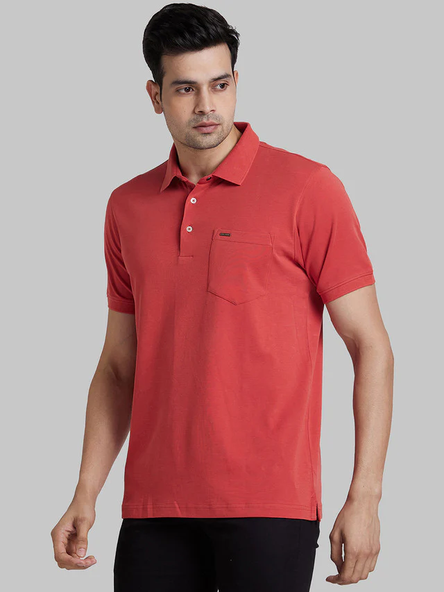 Park Avenue Men Red Slim Fit Solid Polo Neck Collar T-Shirt - Image 3