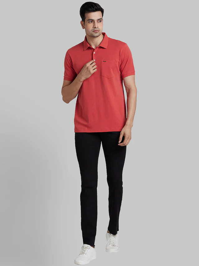 Park Avenue Men Red Slim Fit Solid Polo Neck Collar T-Shirt - Image 5