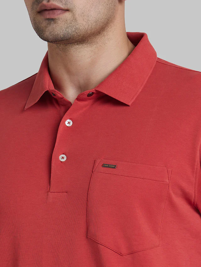 Park Avenue Men Red Slim Fit Solid Polo Neck Collar T-Shirt - Image 6