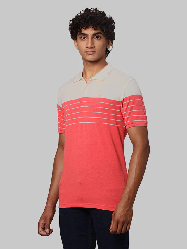 Park Avenue Men Red Slim Fit Stripe Polo Neck Collar T-Shirt - Image 3