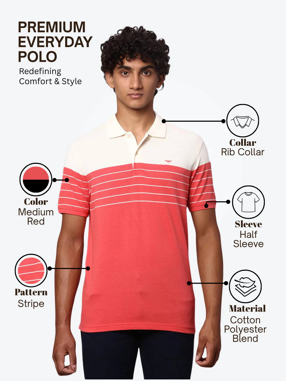Park Avenue Men Red Slim Fit Stripe Polo Neck Collar T-Shirt - Image 4
