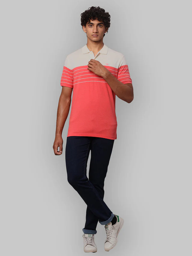Park Avenue Men Red Slim Fit Stripe Polo Neck Collar T-Shirt - Image 6