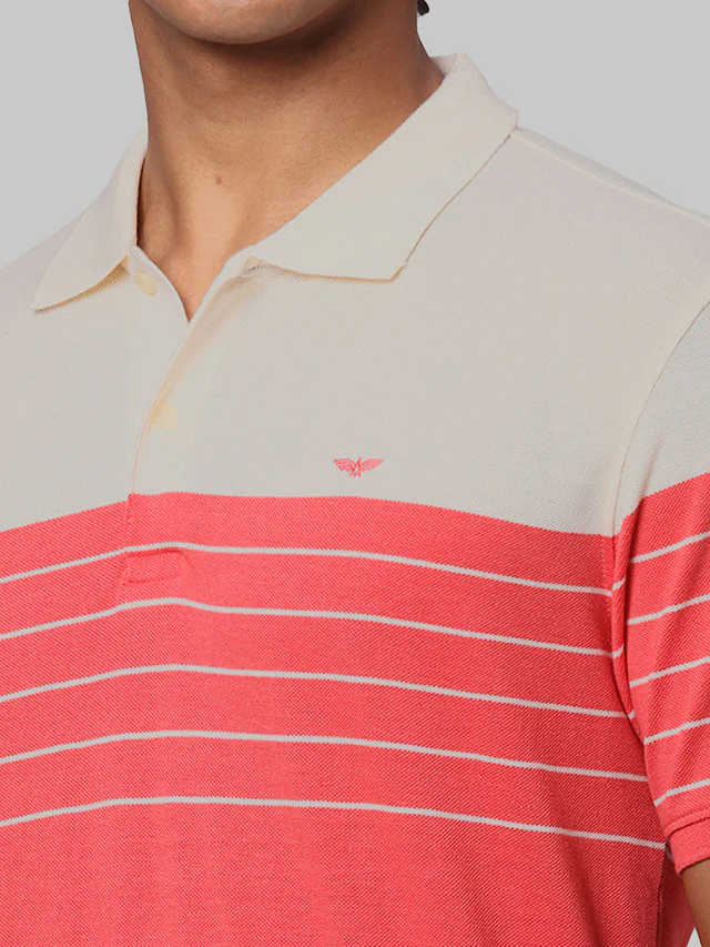 Park Avenue Men Red Slim Fit Stripe Polo Neck Collar T-Shirt - Image 7