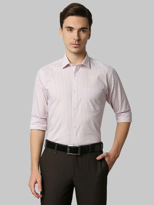 Park Avenue Red Stripe Slim Fit Cotton Formal Shirt
