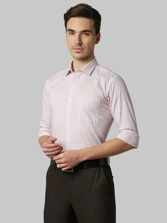 Park Avenue Red Stripe Slim Fit Cotton Formal Shirt - Image 3