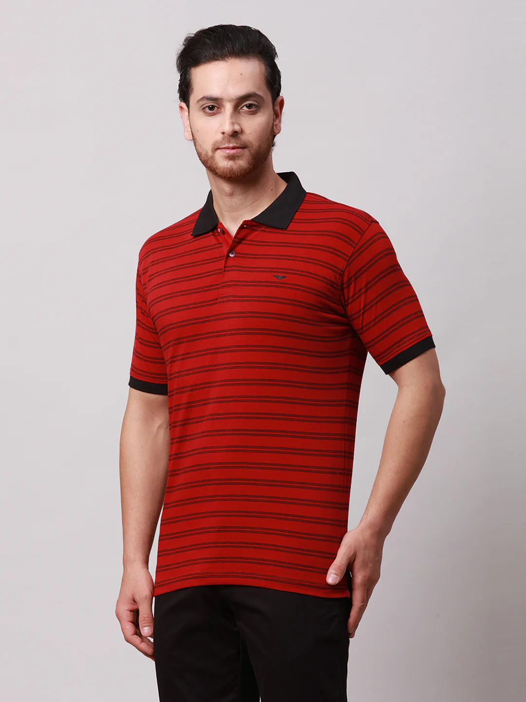 Park Avenue Men Red Slim Fit Stripe Polo Neck Collar T-Shirt - Image 3