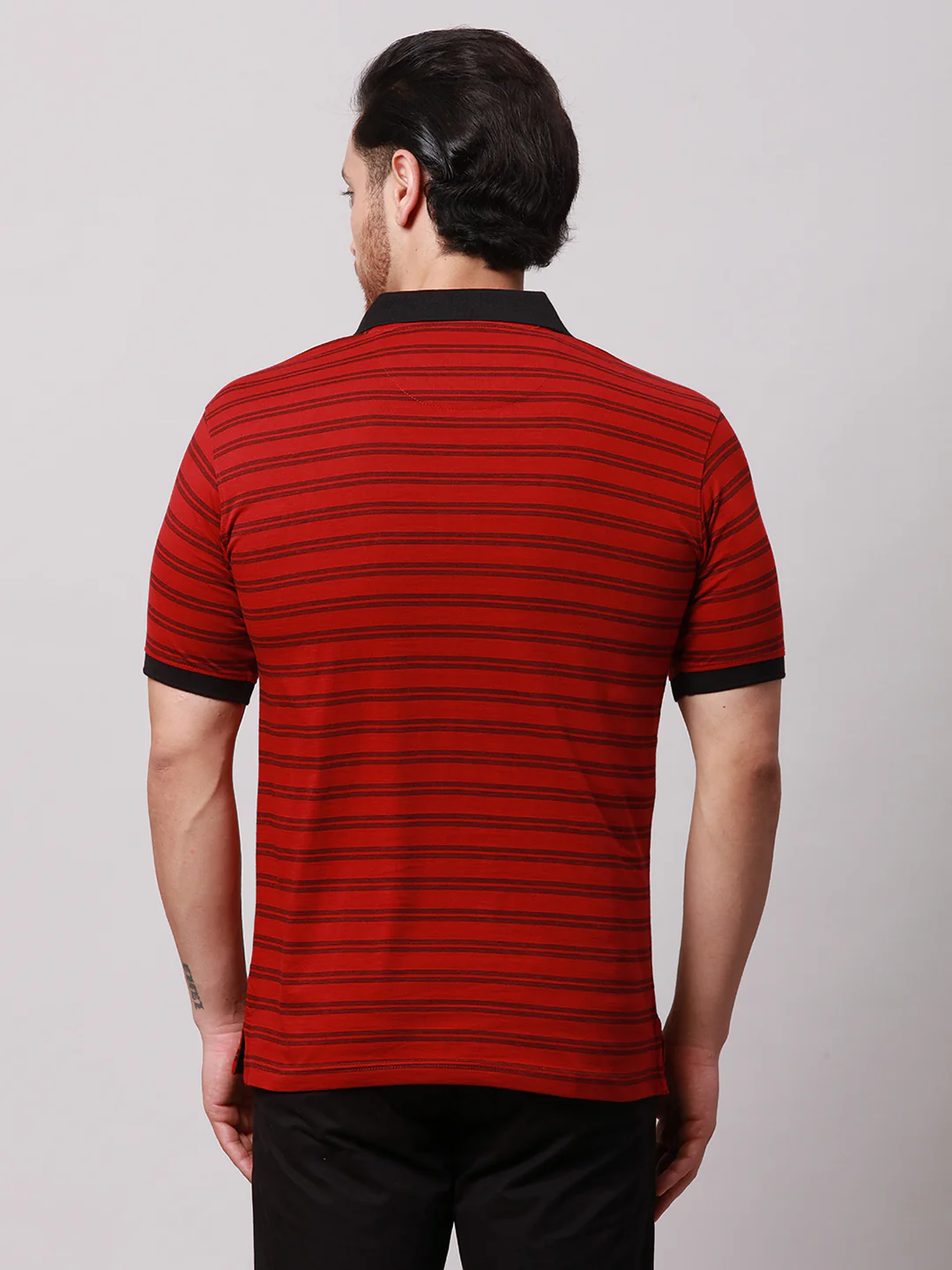 Park Avenue Men Red Slim Fit Stripe Polo Neck Collar T-Shirt - Image 4