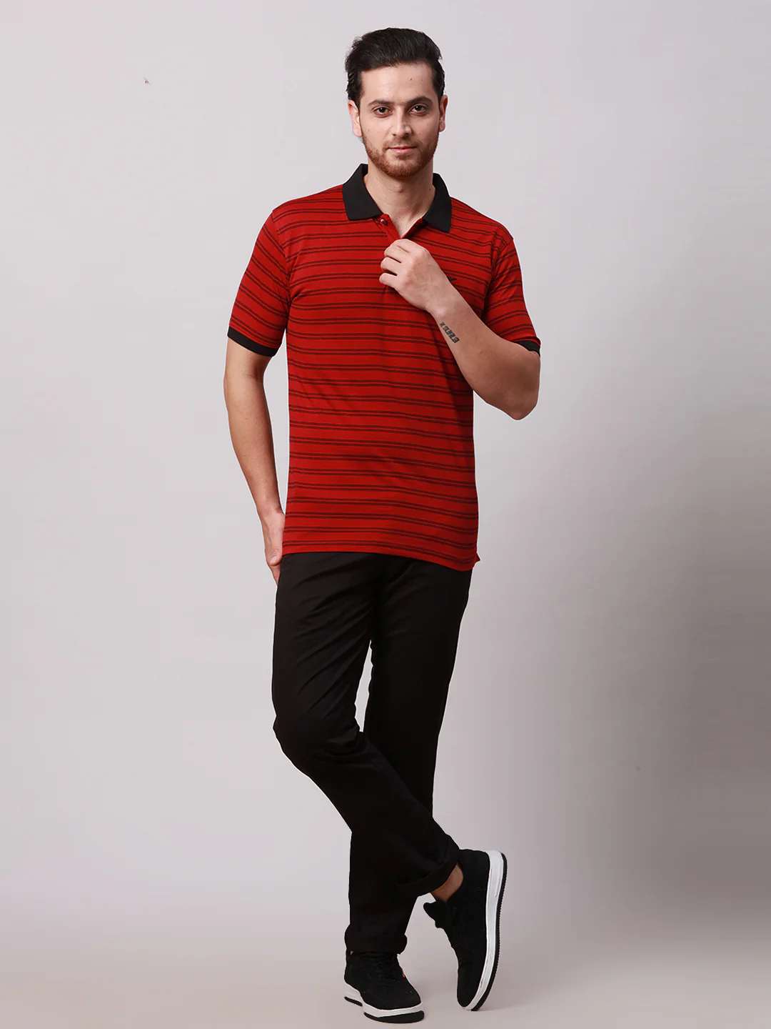 Park Avenue Men Red Slim Fit Stripe Polo Neck Collar T-Shirt - Image 5