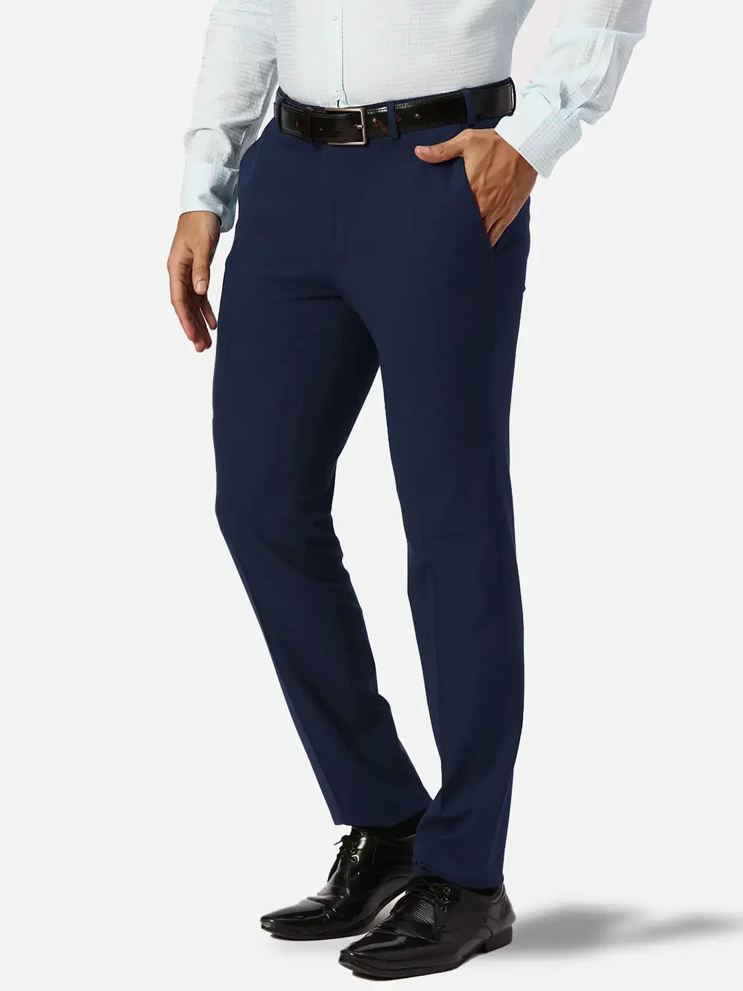 Park Avenue Men Blue Solid Slim Fit Stretchable Trouser - Image 3