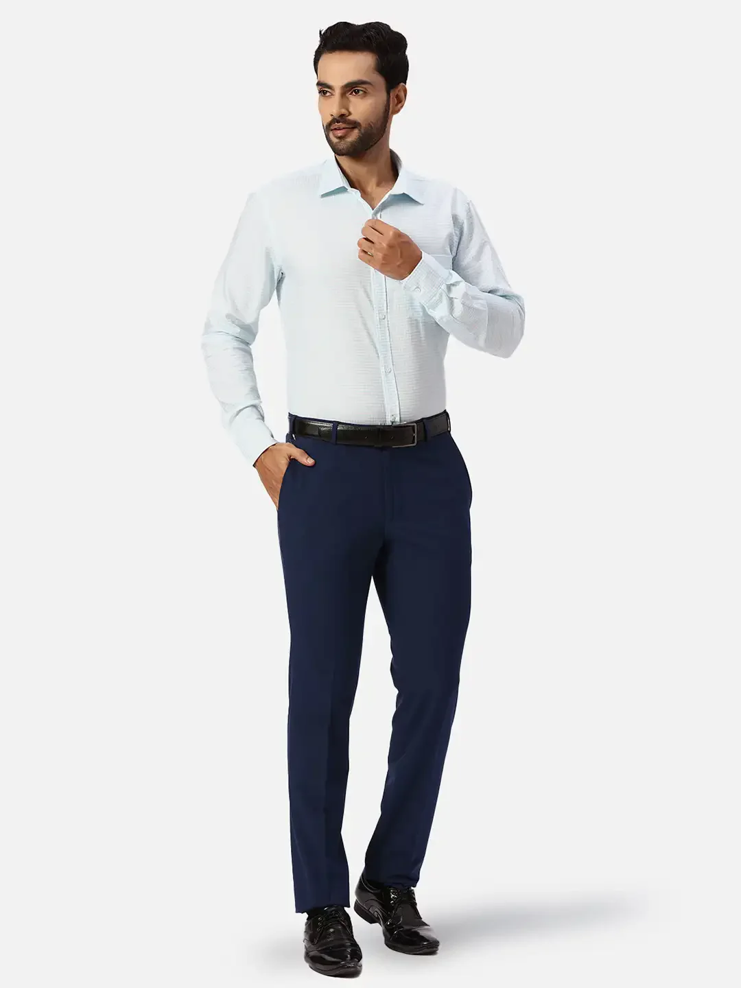 Park Avenue Men Blue Solid Slim Fit Stretchable Trouser - Image 5