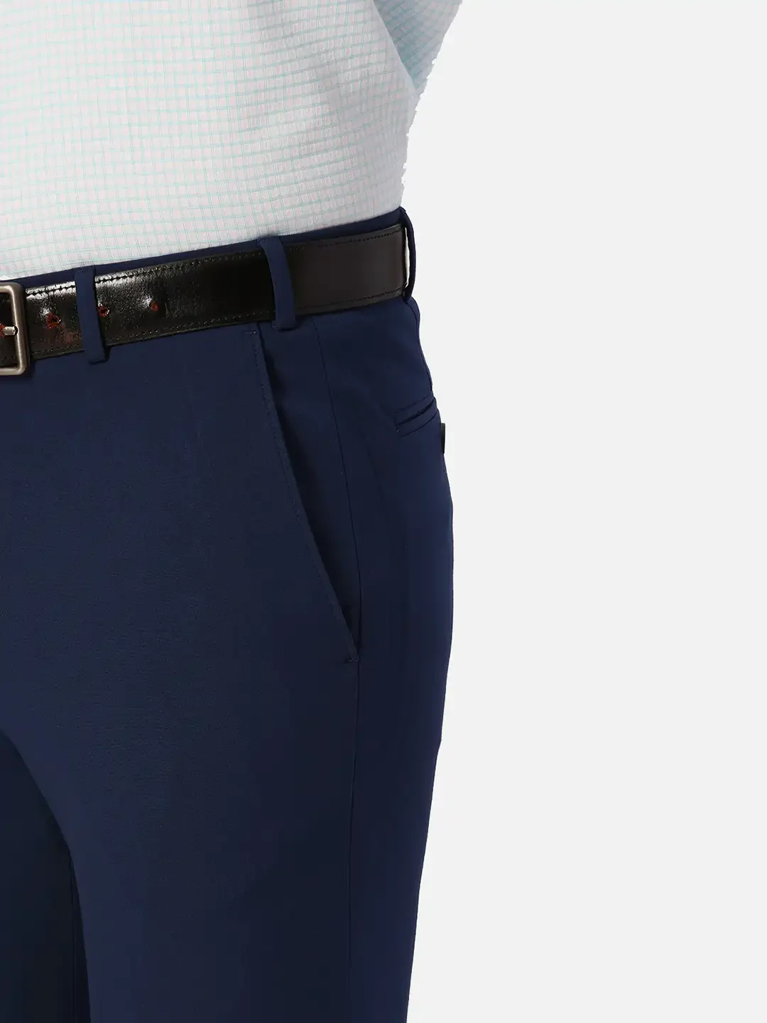 Park Avenue Men Blue Solid Slim Fit Stretchable Trouser - Image 6