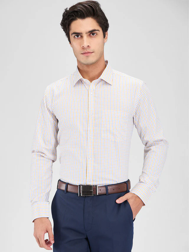 Park Avenue Yellow Checks Slim Fit Cotton Blend Formal Shirt
