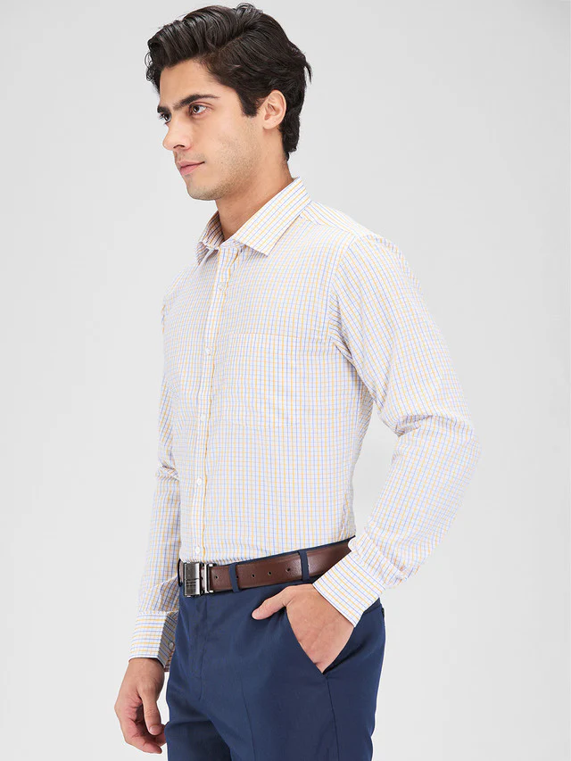 Park Avenue Yellow Checks Slim Fit Cotton Blend Formal Shirt - Image 3
