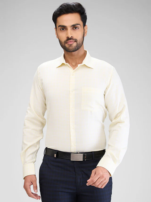 Park Avenue Yellow Checks Slim Fit Cotton Formal Shirt
