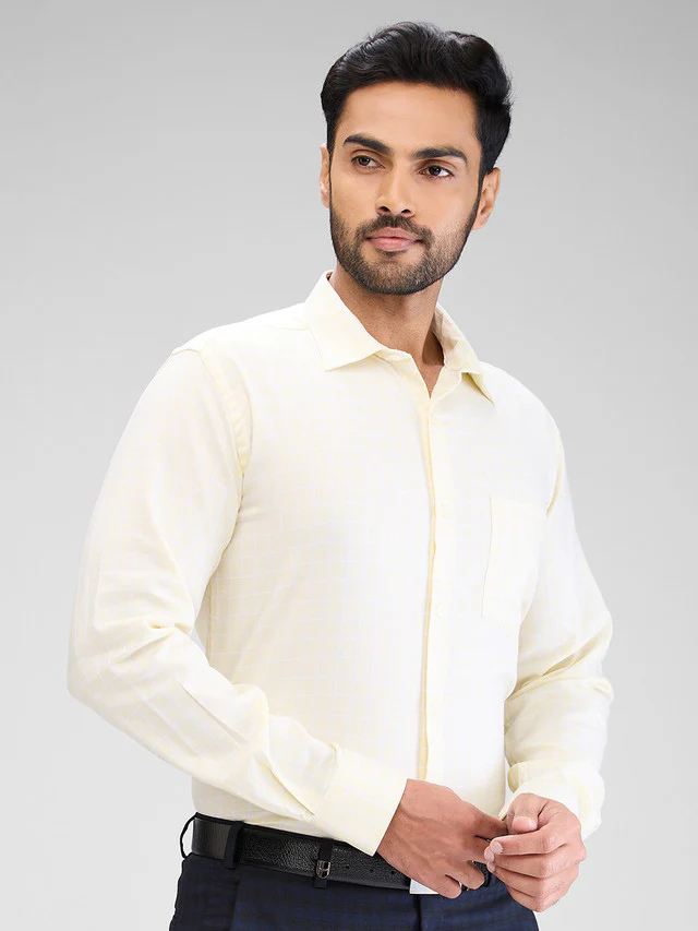 Park Avenue Yellow Checks Slim Fit Cotton Formal Shirt - Image 2